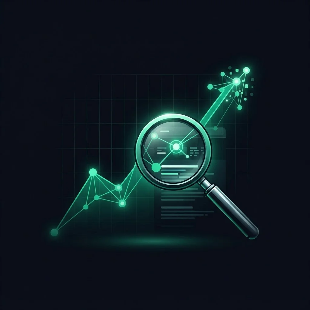 professional seo services growth chart with search magnifying glass in emerald green on dark background by markvanta